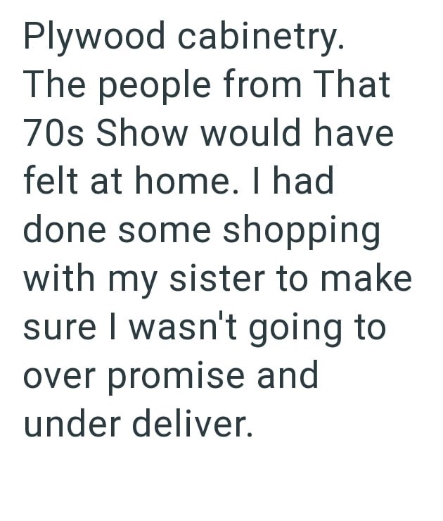 Plywood cabinetry. The people from That 70s Show would have felt at home. I had done some shopping with my sister to make sure I wasn't going to over promise and under deliver.