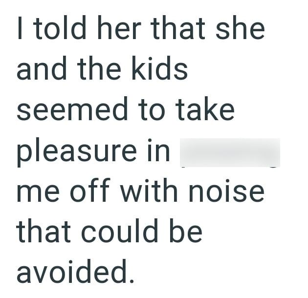 I told her that she and the kids seemed to take pleasure in me off with noise that could be avoided.