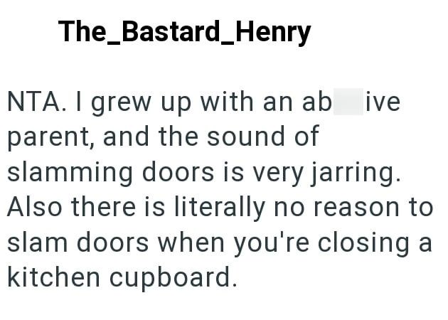 The_Bastard_Henry NTA. I grew up with an ab ive parent, and the sound of slamming doors is very jarring. Also there is literally no reason to slam doors when you're closing a kitchen cupboard.