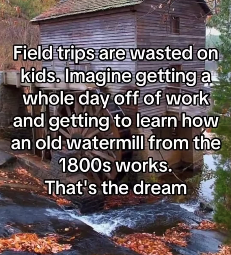 Field trips are wasted on kids. Imagine getting a whole day off of work and getting to learn how an old watermill from the 1800s works. That's the dream