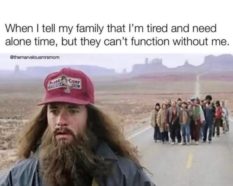 When I tell my family that I'm tired and need alone time, but they can't function without me. @themarvelousmrsmom GUMP