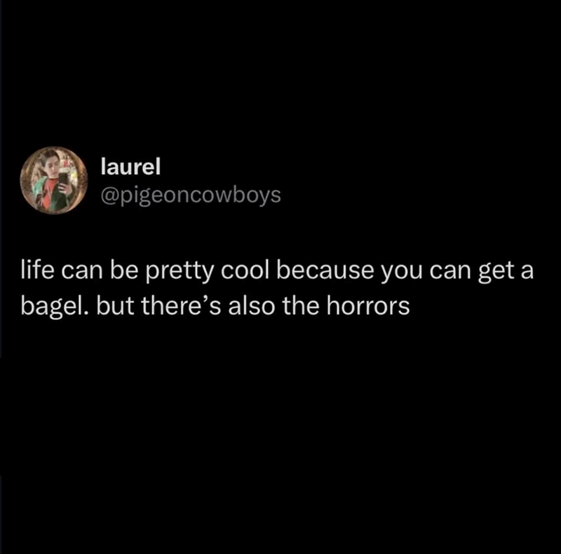 laurel @pigeoncowboys life can be pretty cool because you can get a bagel. but there's also the horrors