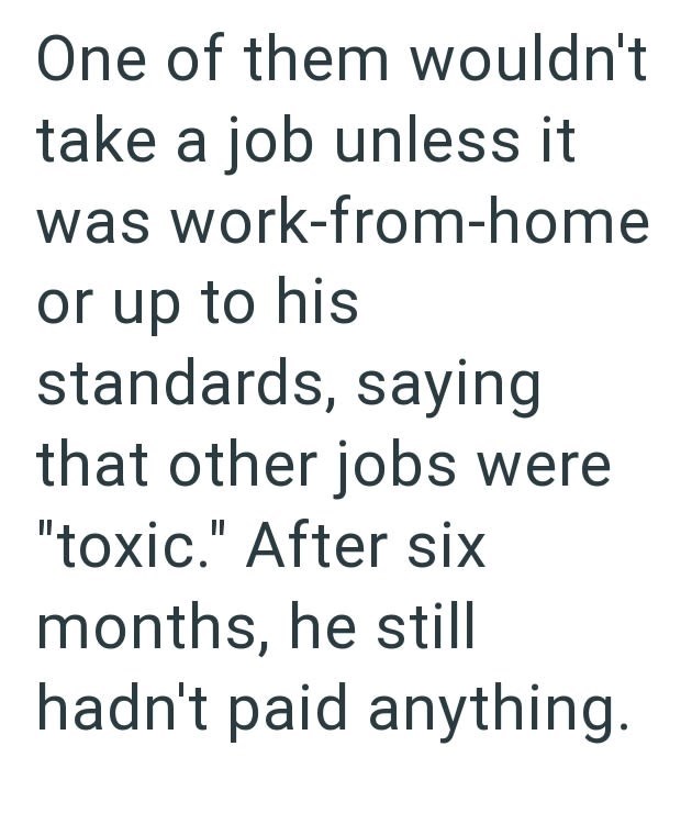 One of them wouldn't take a job unless it was work-from-home or up to his standards, saying that other jobs were "toxic." After six months, he still hadn't paid anything.