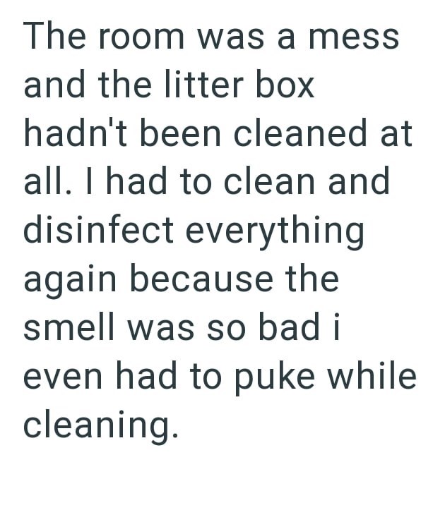 The room was a mess and the litter box hadn't been cleaned at all. I had to clean and disinfect everything again because the smell was so bad i even had to puke while cleaning.