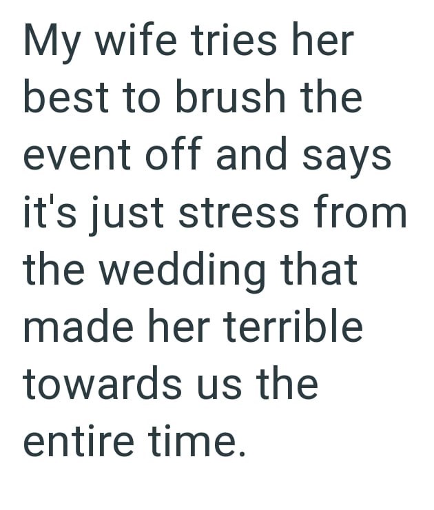 My wife tries her best to brush the event off and says it's just stress from the wedding that made her terrible towards us the entire time.