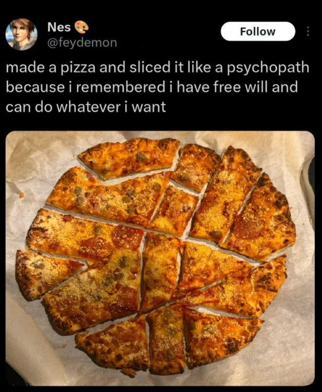 Nes @feydemon Follow made a pizza and sliced it like a psychopath because i remembered i have free will and can do whatever i want