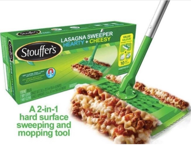 StoufferEPER DRY WR Stouffers Stouffer's LASAGNA SWEEPER HEARTY+CHEESY VALUE VALEUR DRY CLOTH LES LI SECS ATTENT 10EWE BALA 7 DRY CLOTHS LANGES SEKS 2652034 3 WET CLOTHS NESHAPIDES B4703 P A 2-in-1 hard surface sweeping and mopping tool