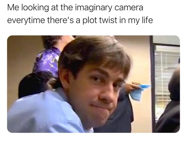 Me looking at the imaginary camera everytime there's a plot twist in my life
