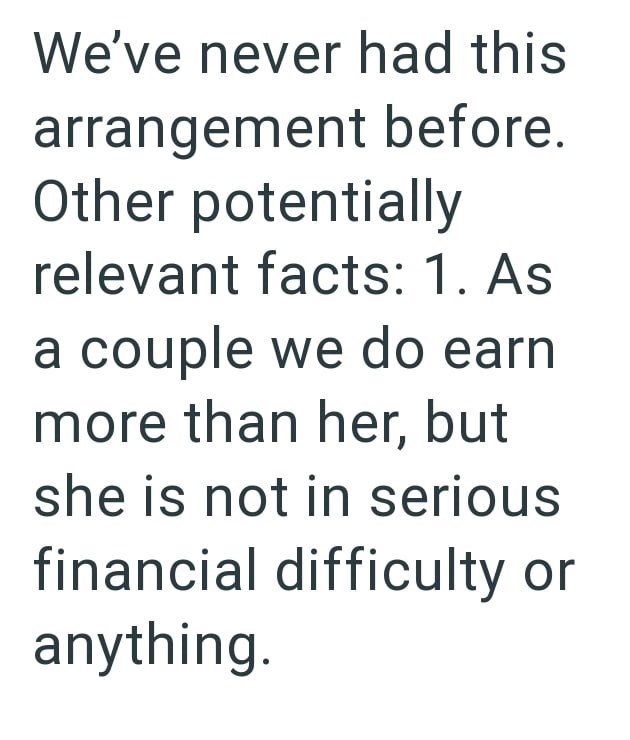 We've never had this arrangement before. Other potentially relevant facts: 1. As a couple we do earn more than her, but she is not in serious financial difficulty or anything.