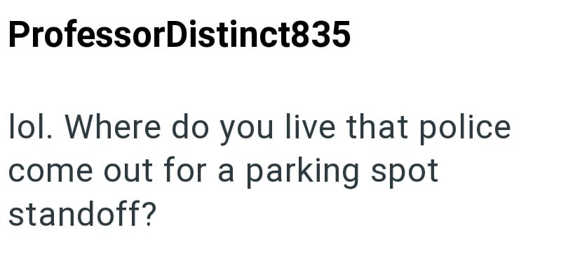 ProfessorDistinct835 lol. Where do you live that police come out for a parking spot standoff?