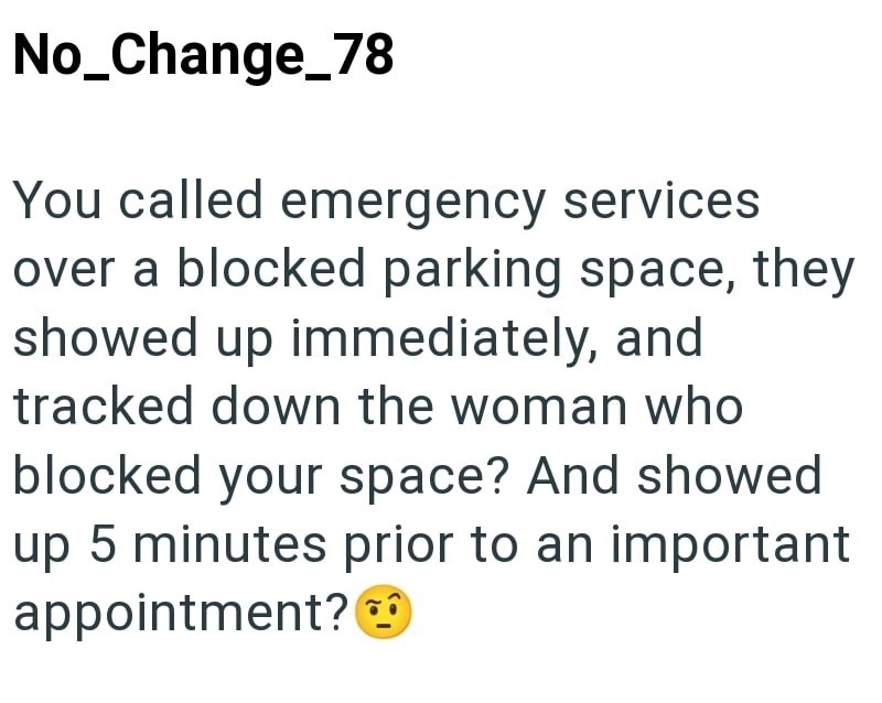 No_Change_78 You called emergency services over a blocked parking space, they showed up immediately, and tracked down the woman who blocked your space? And showed up 5 minutes prior to an important appointment?