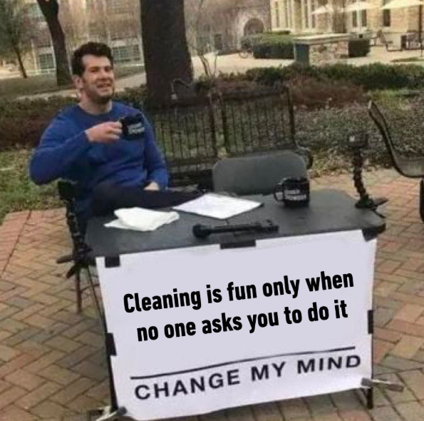 Cleaning is fun only when no one asks you to do it CHANGE MY MIND