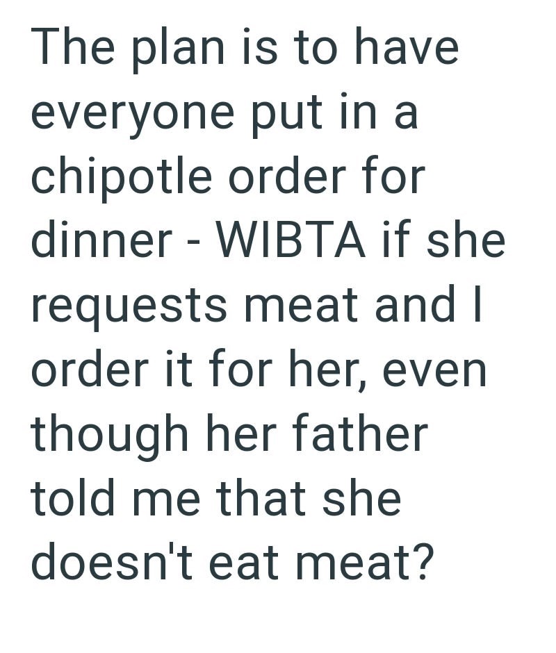 The plan is to have everyone put in a chipotle order for dinner - WIBTA if she requests meat and I order it for her, even though her father told me that she doesn't eat meat?