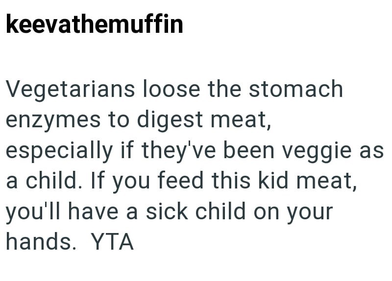 keevathemuffin Vegetarians loose the stomach enzymes to digest meat, especially if they've been veggie as a child. If you feed this kid meat, you'll have a sick child on your hands. YTA