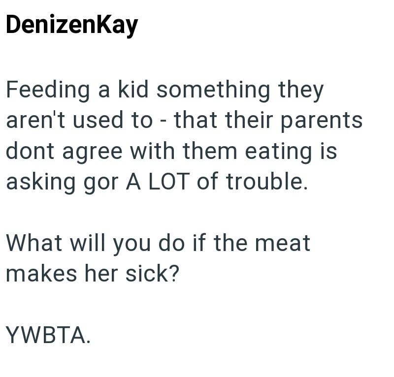 DenizenKay - Feeding a kid something they aren't used to that their parents dont agree with them eating is asking gor A LOT of trouble. What will you do if the meat makes her sick? YWBTA.