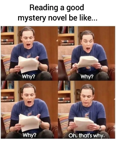 Reading a good mystery novel be like... Why? Why? Why? Oh, that's why.