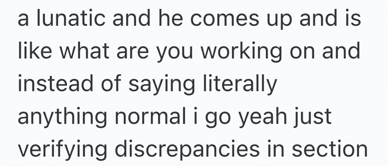 a lunatic and he comes up and is like what are you working on and instead of saying literally anything normal i go yeah just verifying discrepancies in section