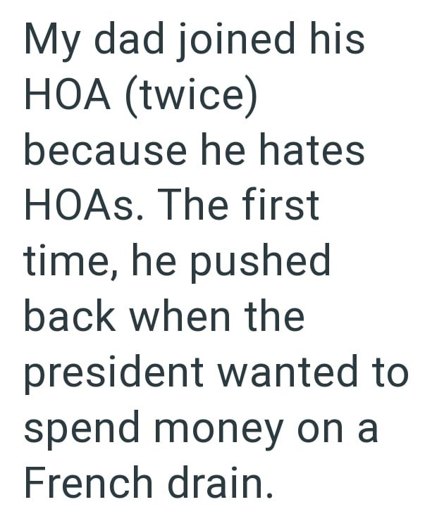 My dad joined his HOA (twice) because he hates HOAs. The first time, he pushed back when the president wanted to spend money on a French drain.