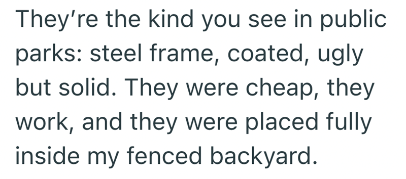 They're the kind you see in public parks: steel frame, coated, ugly but solid. They were cheap, they work, and they were placed fully inside my fenced backyard.