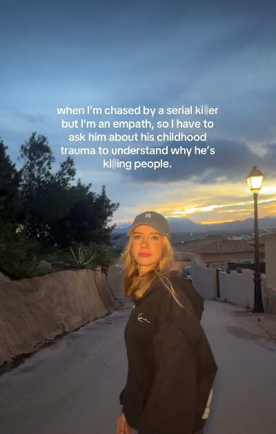 when I'm chased by a serial kiler but I'm an empath, so I have to ask him about his childhood trauma to understand why he's ki ing people. m