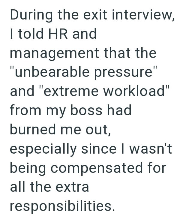 During the exit interview, I told HR and management that the "unbearable pressure" and "extreme workload" from my boss had burned me out, especially since I wasn't being compensated for all the extra responsibilities.