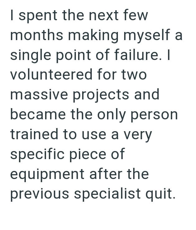 I spent the next few months making myself a single point of failure. I volunteered for two massive projects and became the only person trained to use a very specific piece of equipment after the previous specialist quit.