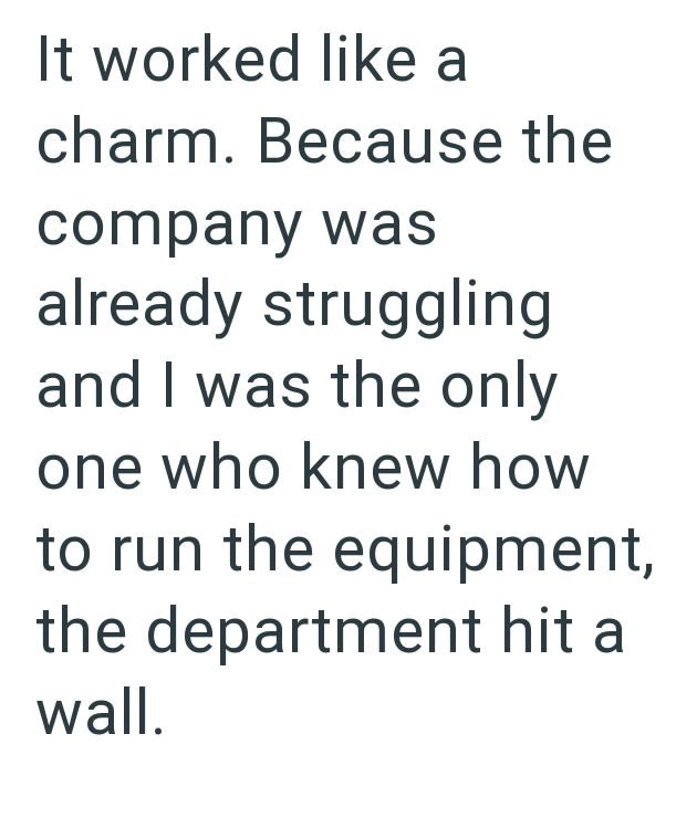 It worked like a charm. Because the company was already struggling and I was the only one who knew how to run the equipment, the department hit a wall.