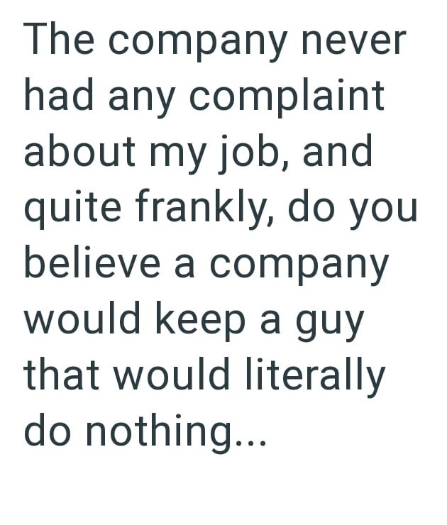 The company never had any complaint about my job, and quite frankly, do you believe a company would keep a guy that would literally do nothing...