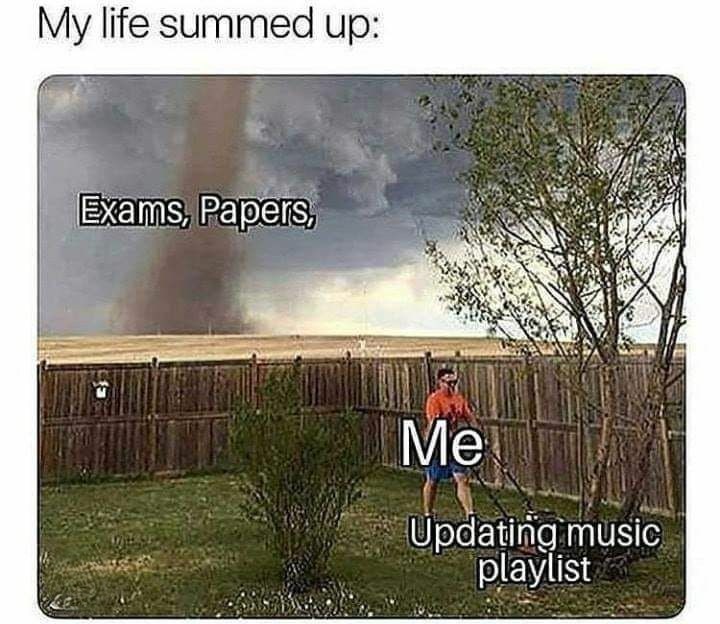 My life summed up: Exams, Papers, Me Updating music playlist