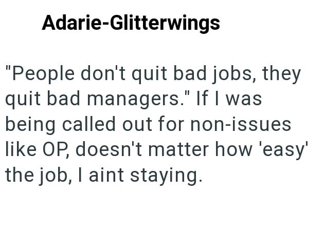 Adarie-Glitterwings "People don't quit bad jobs, they quit bad managers." If I was being called out for non-issues like OP, doesn't matter how 'easy' the job, I aint staying.
