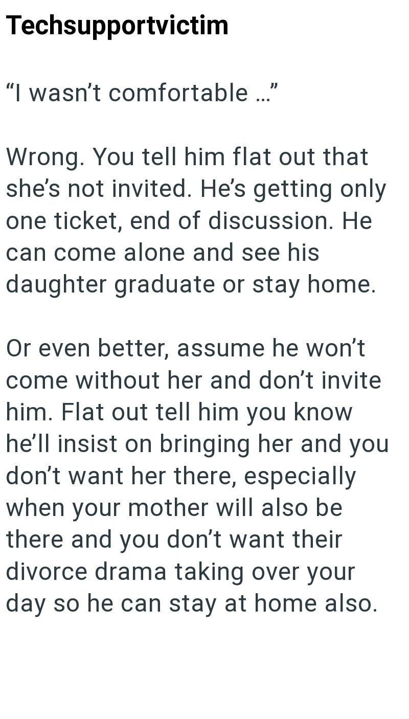 Techsupportvictim "I wasn't comfortable ..." Wrong. You tell him flat out that she's not invited. He's getting only one ticket, end of discussion. He can come alone and see his daughter graduate or stay home. Or even better, assume he won't come without her and don't invite him. Flat out tell him you know he'll insist on bringing her and you don't want her there, especially when your mother will also be there and you don't want their divorce drama taking over your day so he can stay at home also