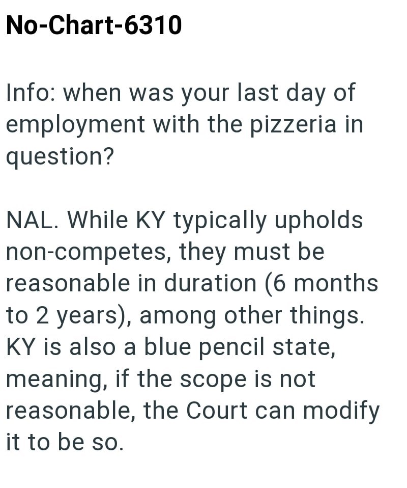 No-Chart-6310 Info: when was your last day of employment with the pizzeria in question? NAL. While KY typically upholds non-competes, they must be reasonable in duration (6 months to 2 years), among other things. KY is also a blue pencil state, meaning, if the scope is not reasonable, the Court can modify it to be so.