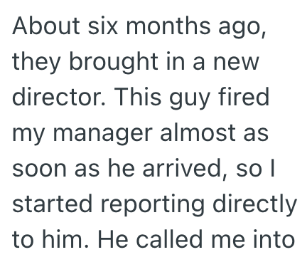About six months ago, they brought in a new director. This guy fired my manager almost as soon as he arrived, so I started reporting directly to him. He called me into