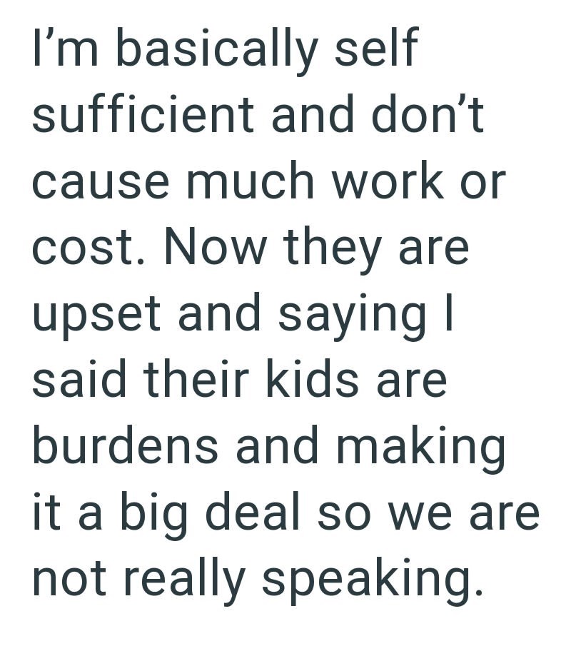 I'm basically self sufficient and don't cause much work or cost. Now they are upset and saying I said their kids are burdens and making it a big deal so we are not really speaking.