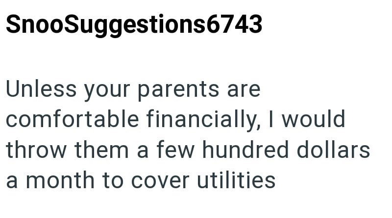 SnooSuggestions6743 Unless your parents are comfortable financially, I would throw them a few hundred dollars a month to cover utilities
