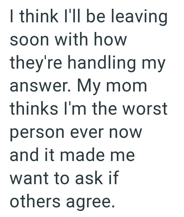 I think I'll be leaving soon with how they're handling my answer. My mom thinks I'm the worst person ever now and it made me want to ask if others agree.