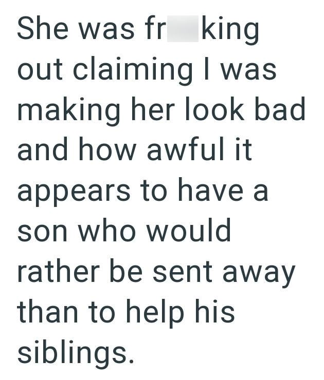 She was frking out claiming I was making her look bad and how awful it appears to have a son who would rather be sent away than to help his siblings.