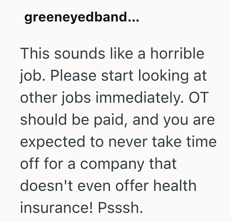 greeneyedband... This sounds like a horrible job. Please start looking at other jobs immediately. OT should be paid, and you are expected to never take time off for a company that doesn't even offer health insurance! Psssh.