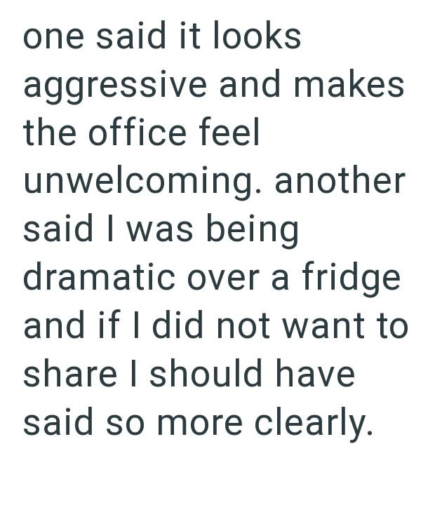 one said it looks aggressive and makes the office feel unwelcoming. another said I was being dramatic over a fridge and if I did not want to share I should have said so more clearly.