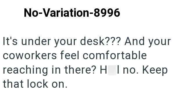 No-Variation-8996 It's under your desk??? And your coworkers feel comfortable reaching in there? H I no. Keep that lock on.