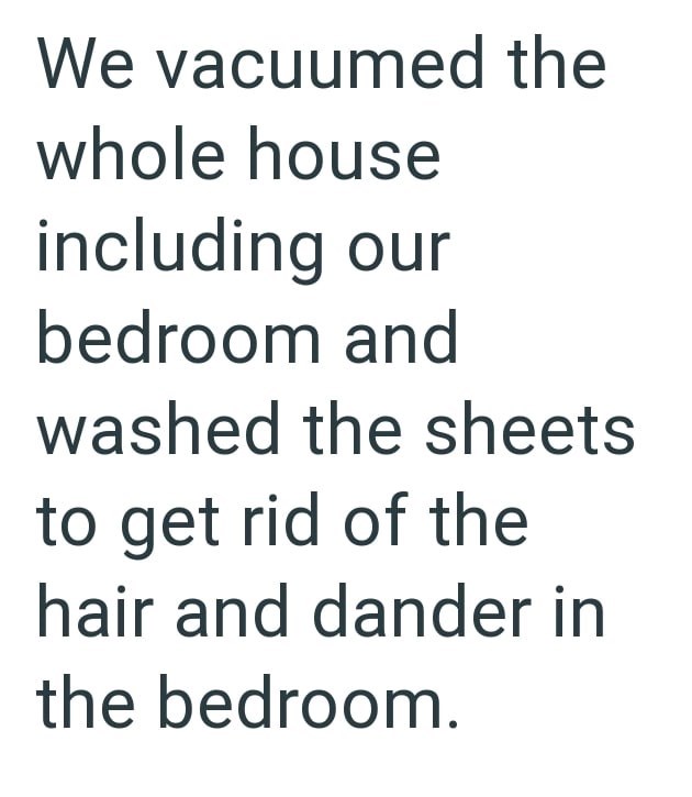 We vacuumed the whole house including our bedroom and washed the sheets to get rid of the hair and dander in the bedroom.