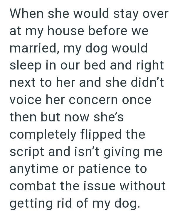 When she would stay over at my house before we married, my dog would sleep in our bed and right next to her and she didn't voice her concern once then but now she's completely flipped the script and isn't giving me anytime or patience to combat the issue without getting rid of my dog.