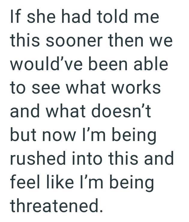 If she had told me this sooner then we would've been able to see what works and what doesn't but now I'm being rushed into this and feel like I'm being threatened.