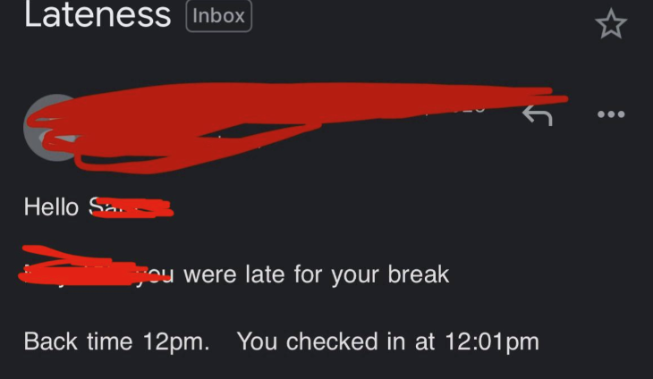 Lateness Inbox] ☆ Hello Sa you were late for your break Back time 12pm. You checked in at 12:01pm