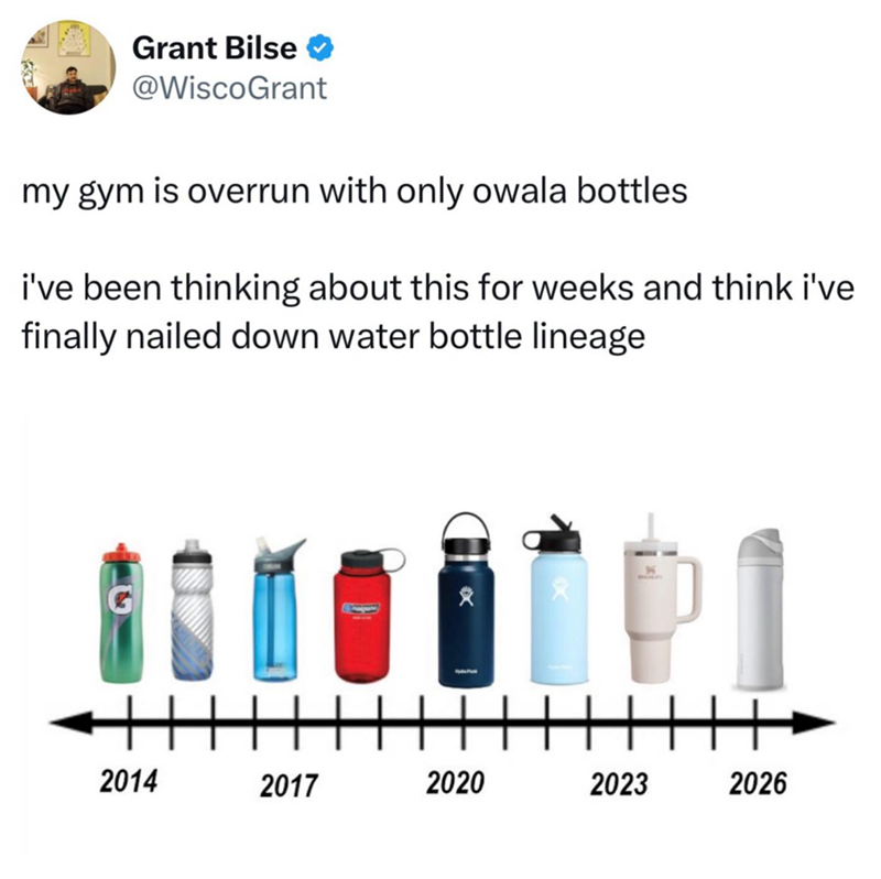 Grant Bilse @WiscoGrant my gym is overrun with only owala bottles i've been thinking about this for weeks and think i've finally nailed down water bottle lineage 2014 2017 2020 2023 2026