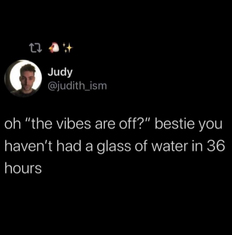 Judy @judith_ism oh "the vibes are off?" bestie you haven't had a glass of water in 36 hours
