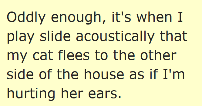 Oddly enough, it's when I play slide acoustically that my cat flees to the other side of the house as if I'm hurting her ears.