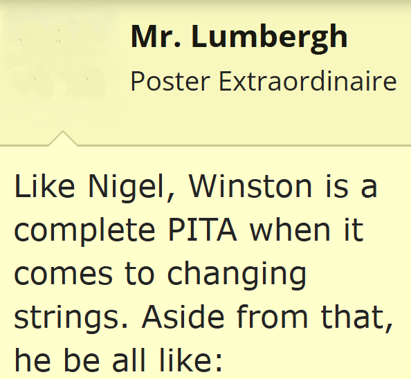 Mr. Lumbergh Poster Extraordinaire Like Nigel, Winston is a complete PITA when it comes to changing strings. Aside from that, he be all like: