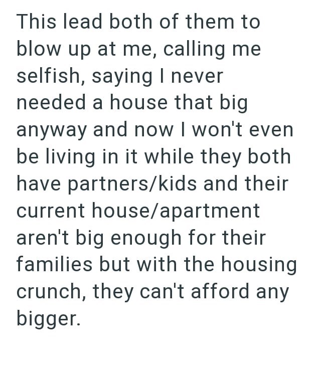 This lead both of them to blow up at me, calling me selfish, saying I never needed a house that big anyway and now I won't even be living in it while they both have partners/kids and their current house/apartment aren't big enough for their families but with the housing crunch, they can't afford any bigger.