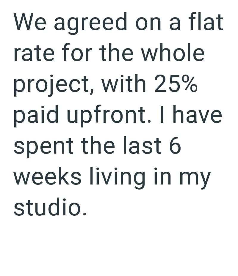 We agreed on a flat rate for the whole project, with 25% paid upfront. I have spent the last 6 weeks living in my studio.